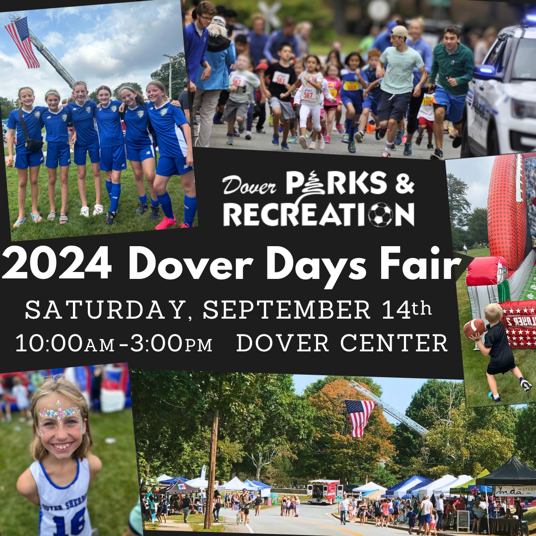 Picture collage around Parks and Rec logo, Dover Days info