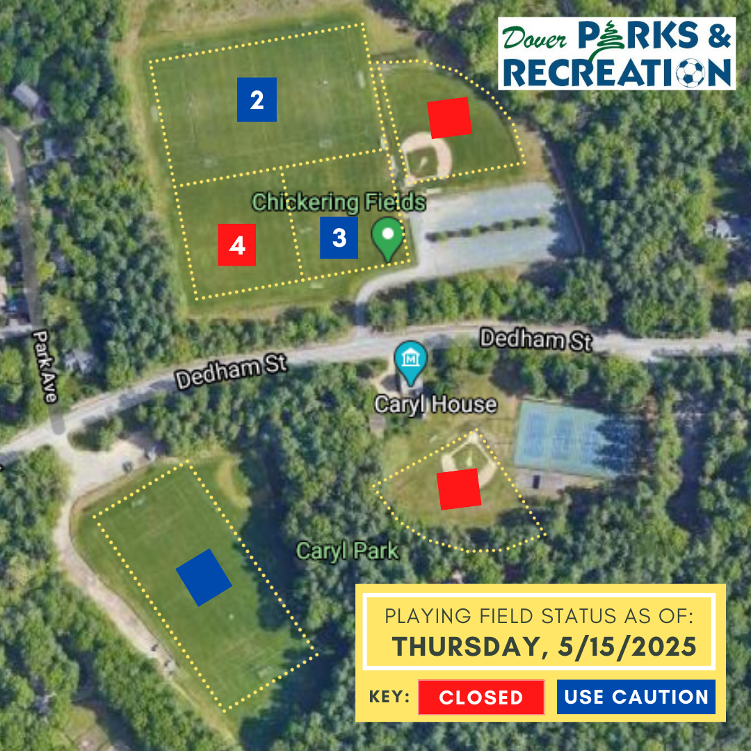 Satellite image of athletic fields play status: Green=Open, Blue=Caution, Red=Closed