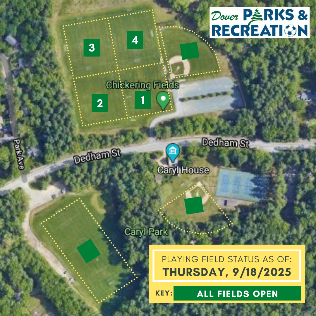 Satellite image of athletic fields play status: Green=Open, Blue=Caution, Red=Closed