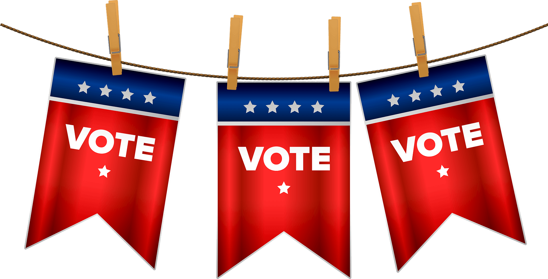 three red, white and blue Vote ribbons hanging